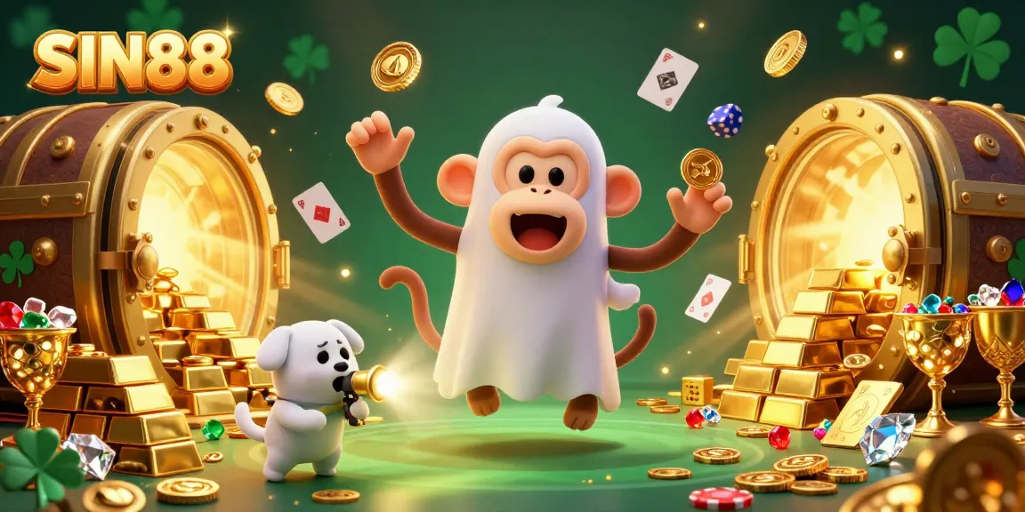 SIN88 showcases an exciting 3D scene of a poltergeist monkey juggling golden casino items with a ghost-hunter puppy tracking beside it.