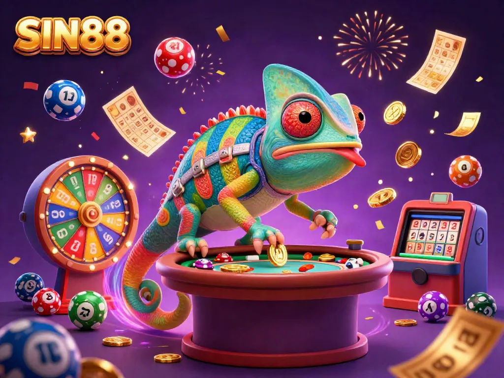 Experience the thrilling world of SIN88 with dynamic casino elements and an engaging chameleon character.