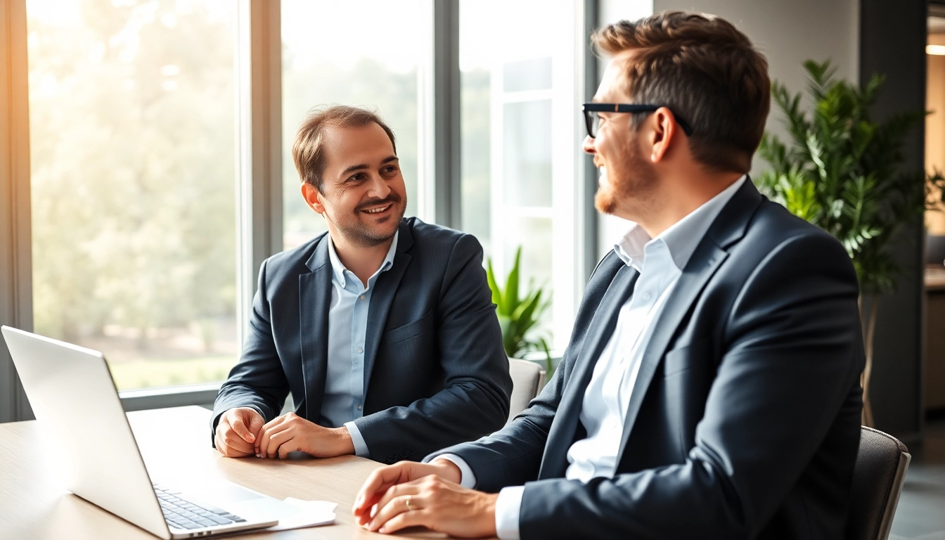 Headhunter Solingen spricht mit einem Kunden in einem modernen Büro über berufliche Möglichkeiten.