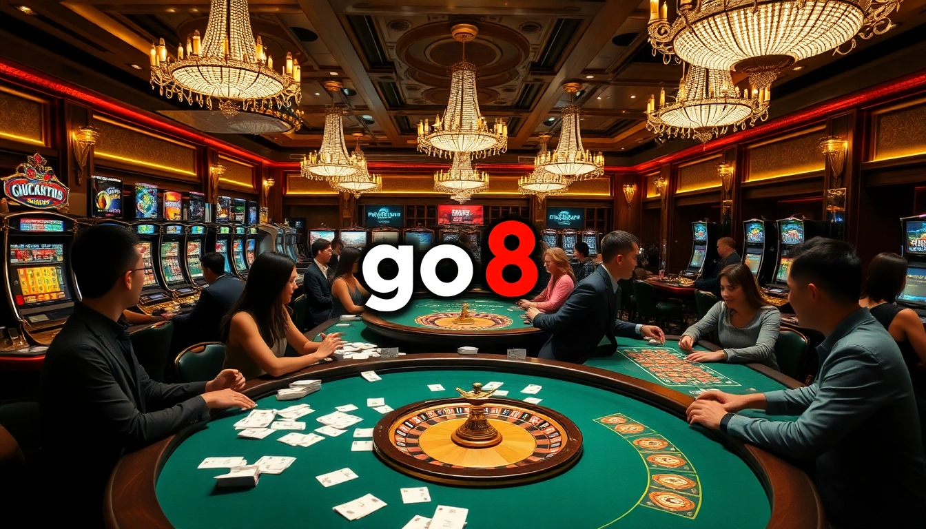 Engage in thrilling gambling at Go8 casino, featuring players at poker and roulette tables with colorful slot machines.