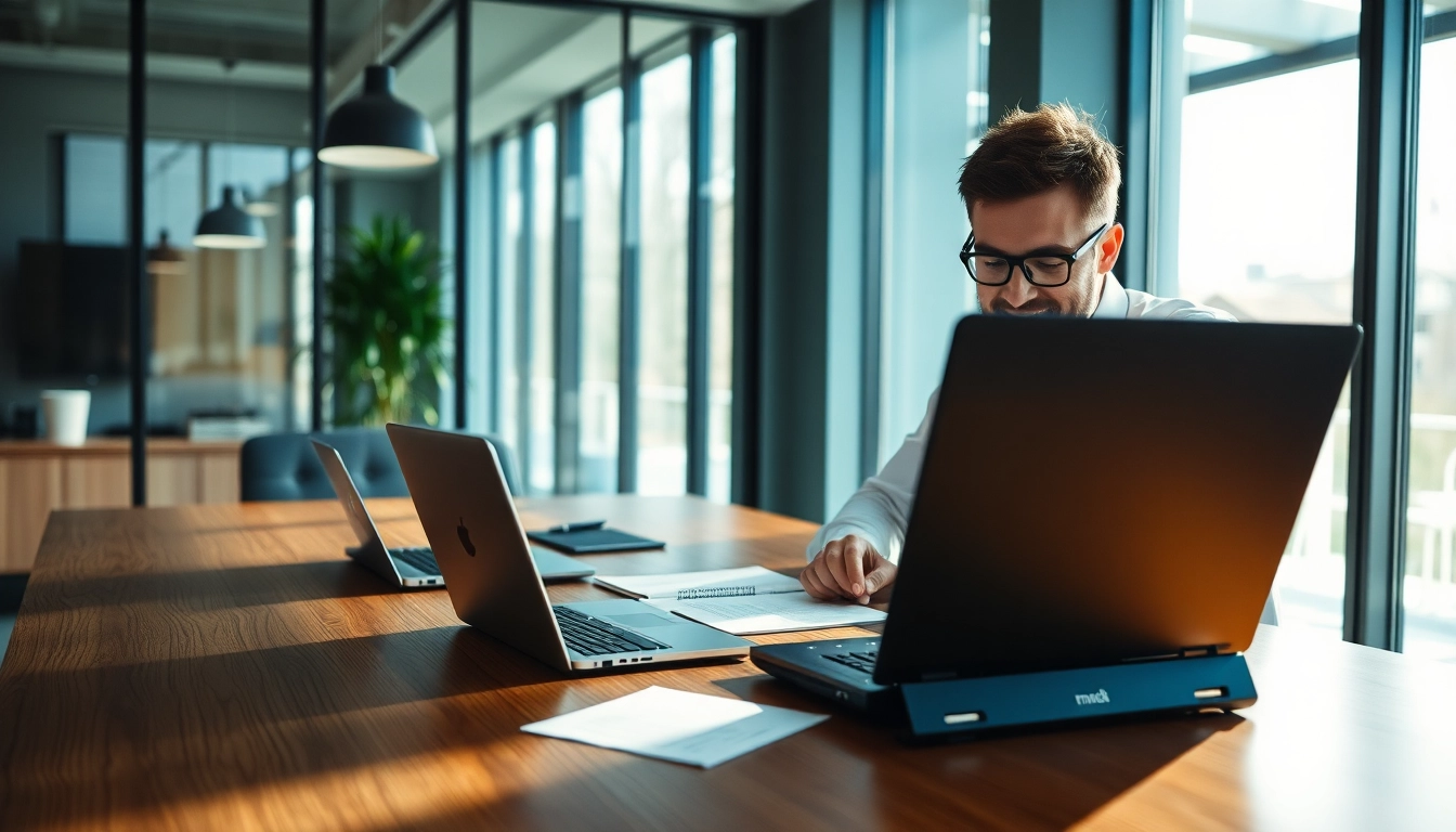 Professioneller Headhunter für Vertrieb bei der Arbeit in einem modernen Büroumfeld, umgeben von Laptops und Verträgen.