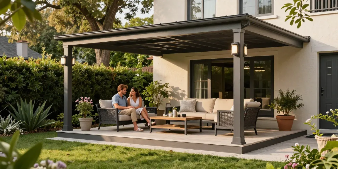 Gemütliche Atmosphäre unter einer freistehenden Terrassenüberdachung im Garten.