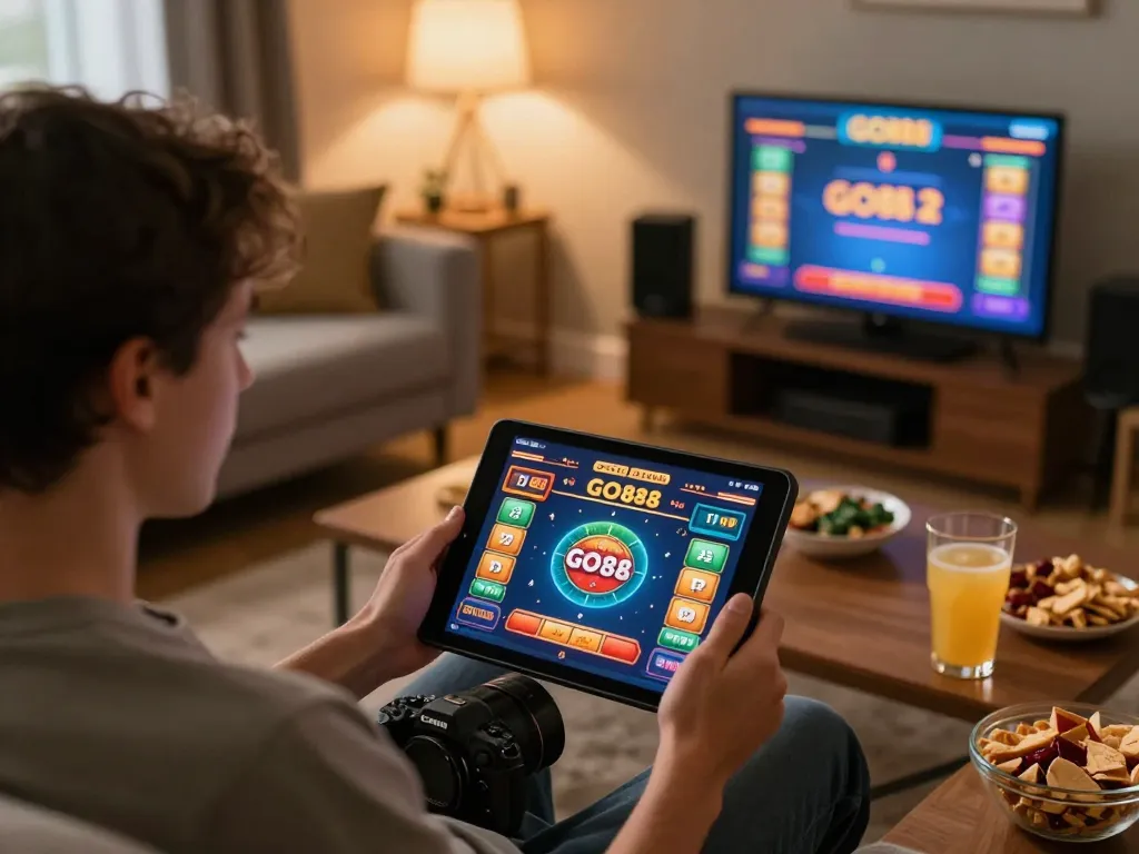 Player engaging with GO88 on tablet at home, showcasing online gaming experience.