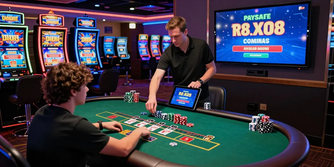 Engagierter Spieler genießt ein Paysafe Card Casino-Erlebnis, vertieft im Online-Glücksspiel mit lebhaften Spielautomaten und Bonusanzeigen.