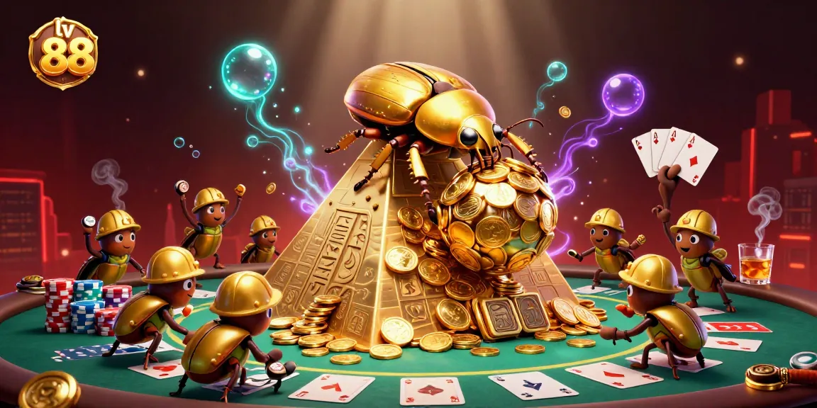 Experience the excitement of lv 88 casino with a vibrant scene of a golden beetle rolling coins.