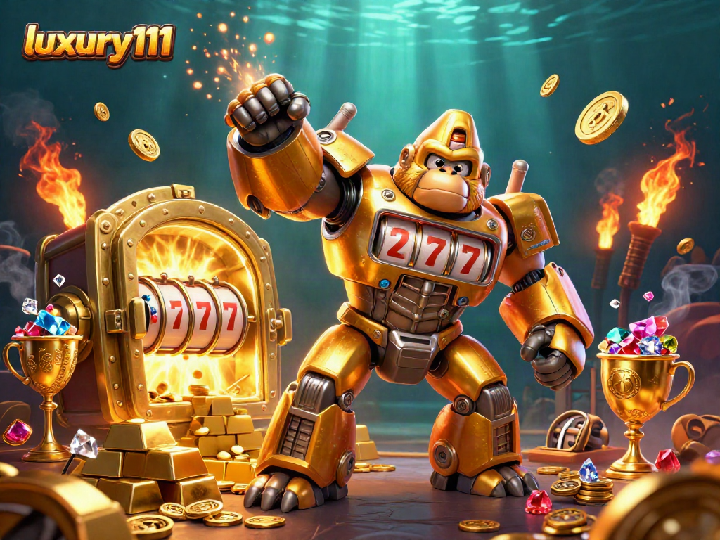 Experience luxury111 winning potential with golden gorilla mech amidst gleaming treasures and exciting slot elements.