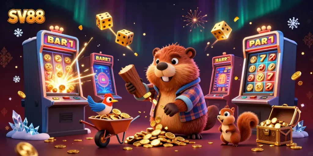 SV88 animated characters in a casino-themed scene, showcasing vibrant slot machines and golden treasure.