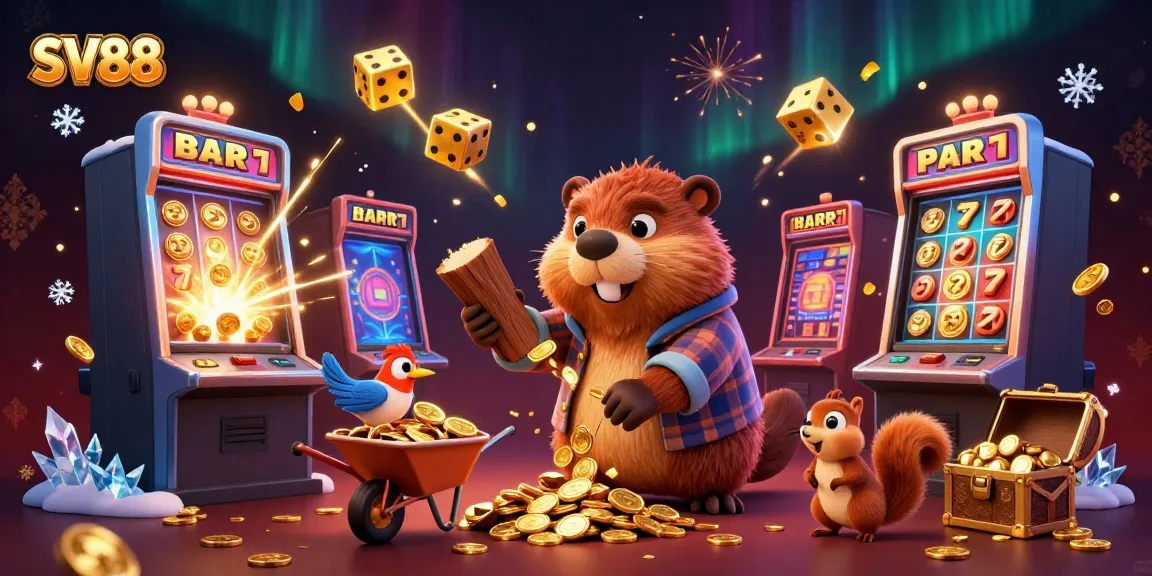 SV88 animated characters in a casino-themed scene, showcasing vibrant slot machines and golden treasure.