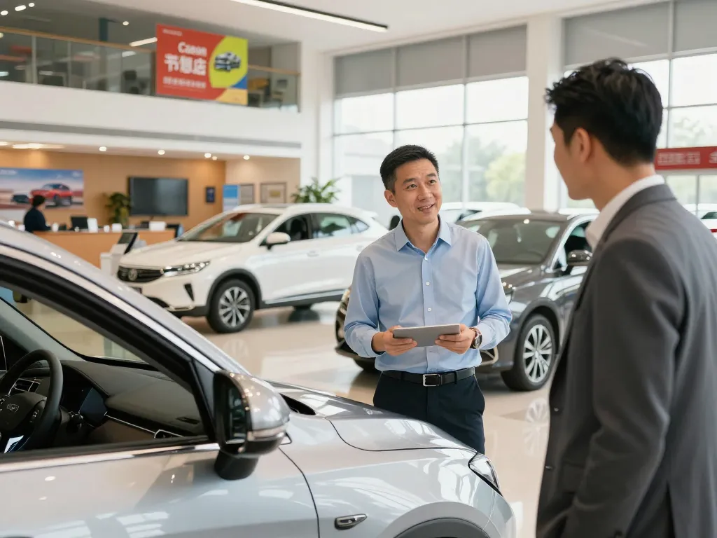 Autohändler, die einem Kunden in einem lebhaften Autohaus helfen, faire Preise und Kundenzufriedenheit präsentieren.