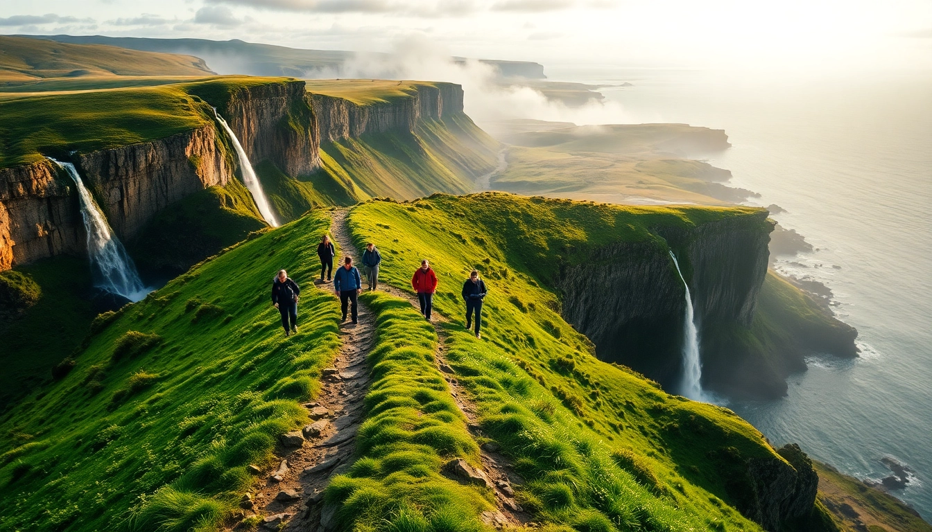 Irland wandern, hikers enjoying breathtaking trails surrounded by stunning cliffs and waterfalls.