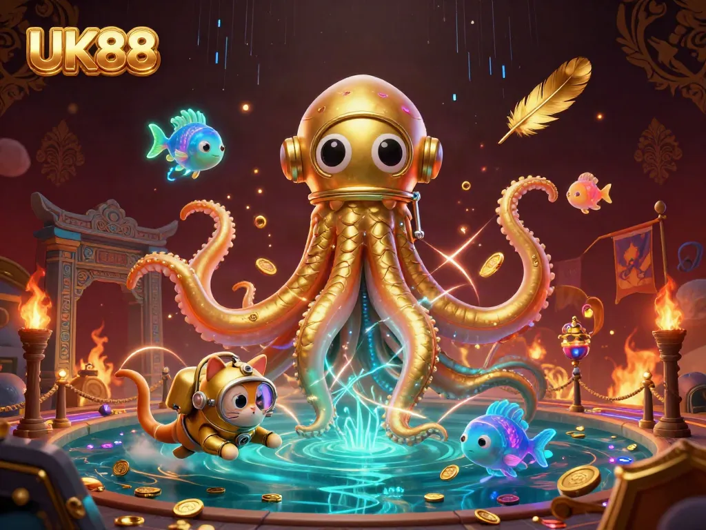 Win big with the dynamic UK88 gaming experience featuring a kraken and diving cat.
