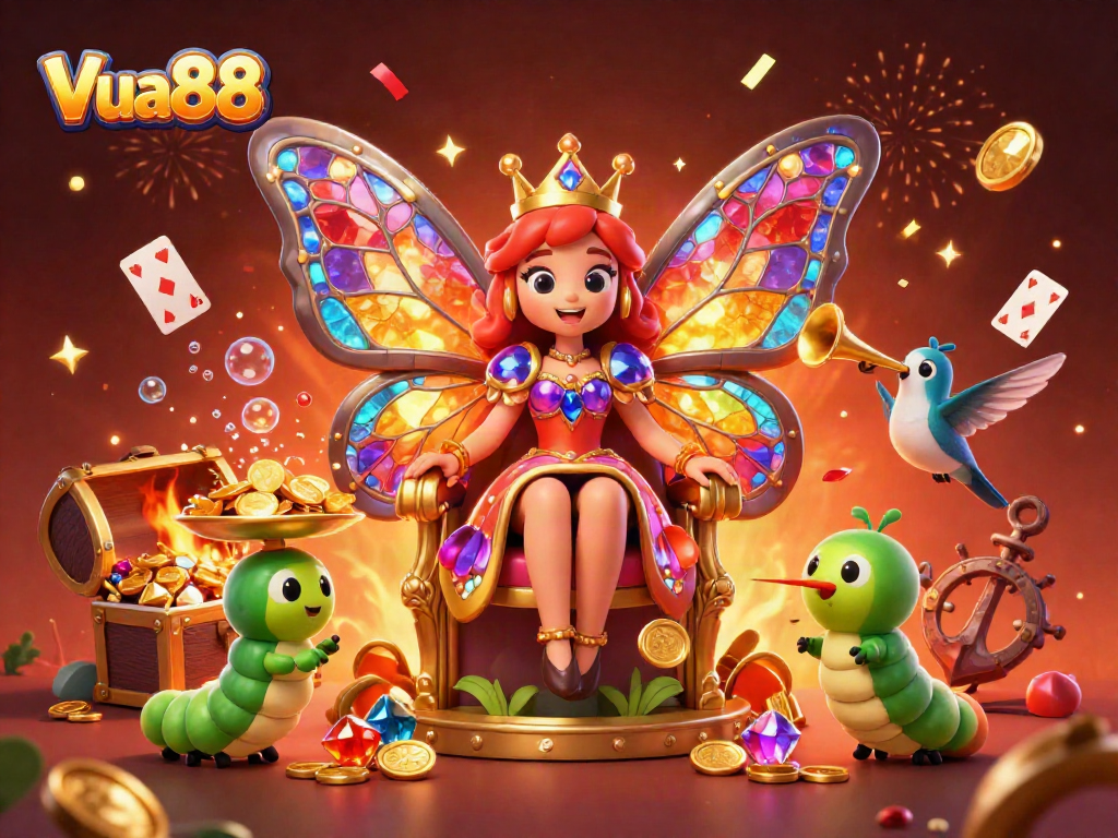 Engage in the vibrant world of Vua88 with a colorful 3D scene featuring a butterfly queen and playful elements!