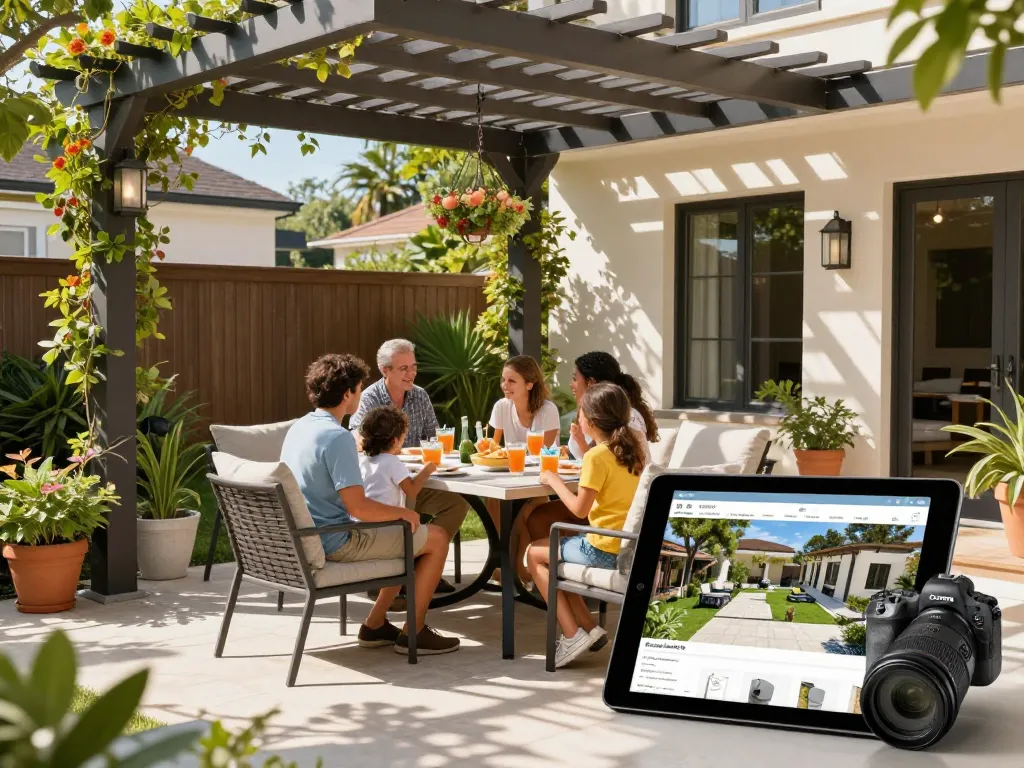 Eine Familie nutzt den Veranda 3D Konfigurator, um eine schöne Außenpergola in ihrem Garten zu gestalten.