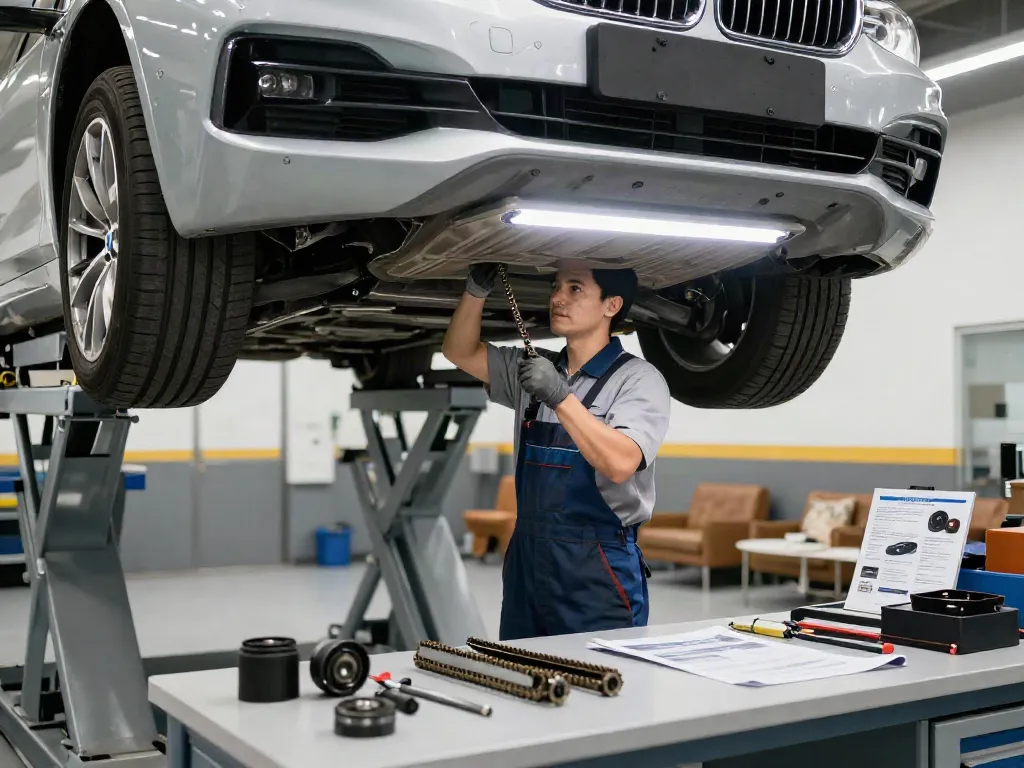BMW Steuerkette Hannover: Mechaniker prüft Fahrzeug in Werkstatt.
