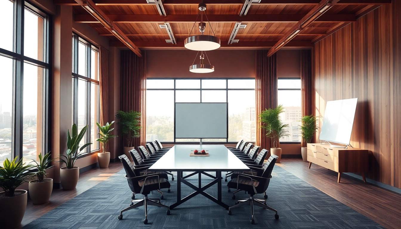 In der Headhunter Agentur zeigt ein eleganter Konferenzraum mit modernem Design und Tageslicht eine professionelle Umgebung für Gespräche.