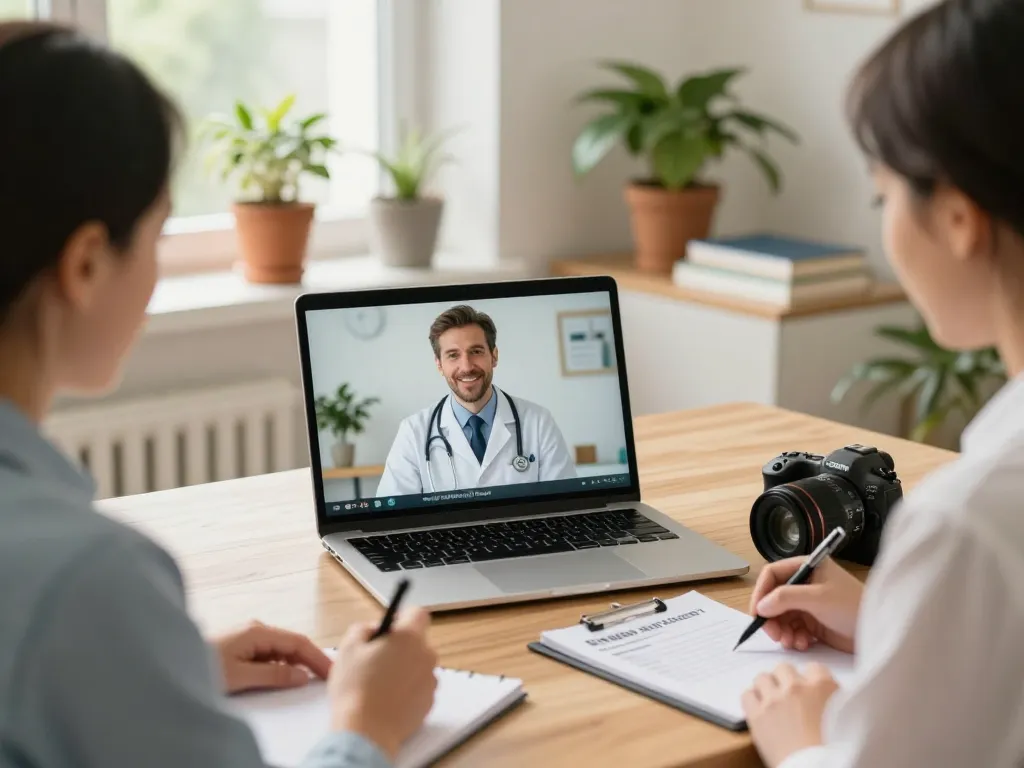 Telemedizinische Beratung für Cannabis auf Rezept zwischen einem Patienten und einem Arzt, die ein einladendes Heimbüro zeigt.