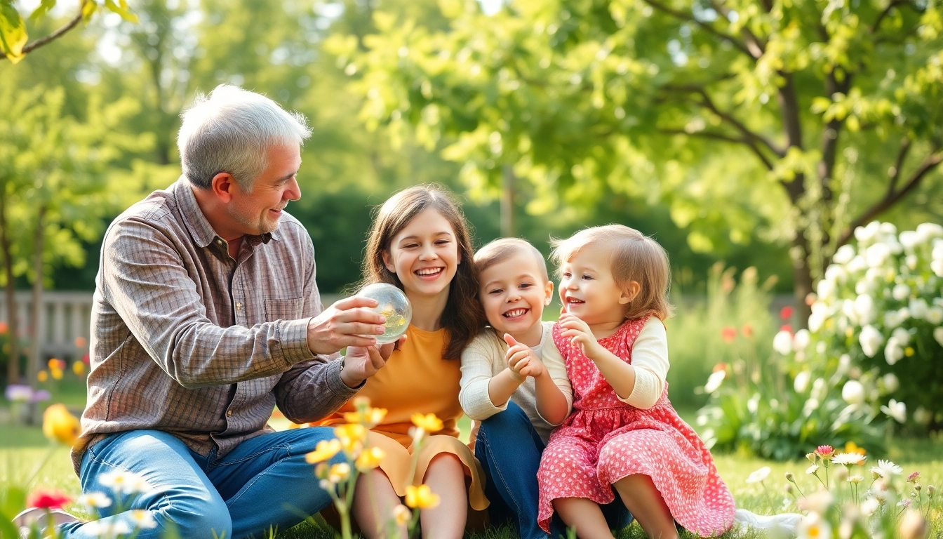 Kindererziehung zeigt eine liebevolle Interaktion zwischen einer Familie im Garten, symbolisiert durch Spiel und Freude.