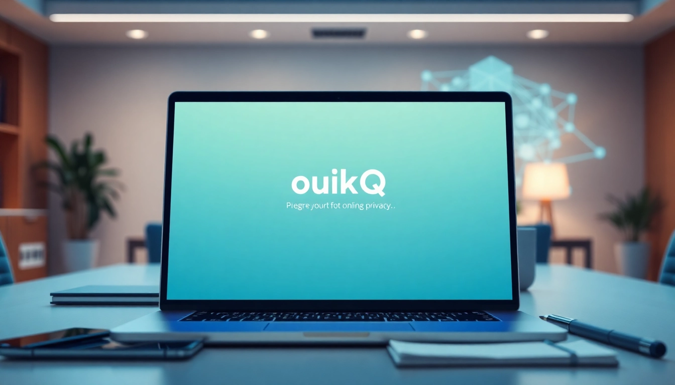 在现代工作空间中,笔记本电脑上显示的 QuickQ官网,提供安全的在线体验。