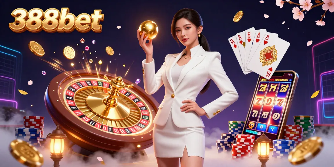 Engage with 388bet's thrilling casino scene featuring golden roulette and vibrant game elements.