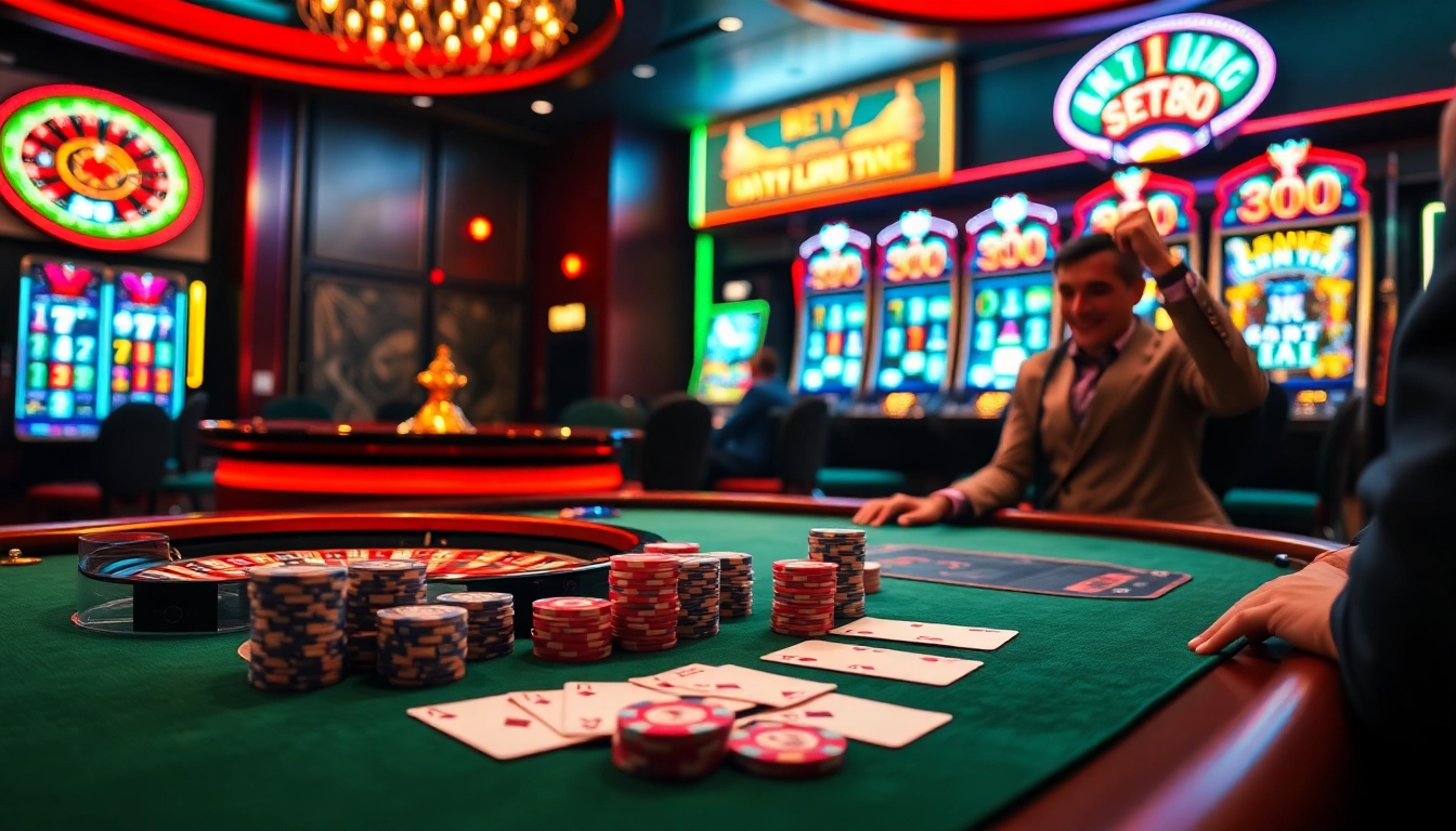 BET88 players enjoying high-stakes poker at a luxurious casino table, capturing the thrill of online gambling.