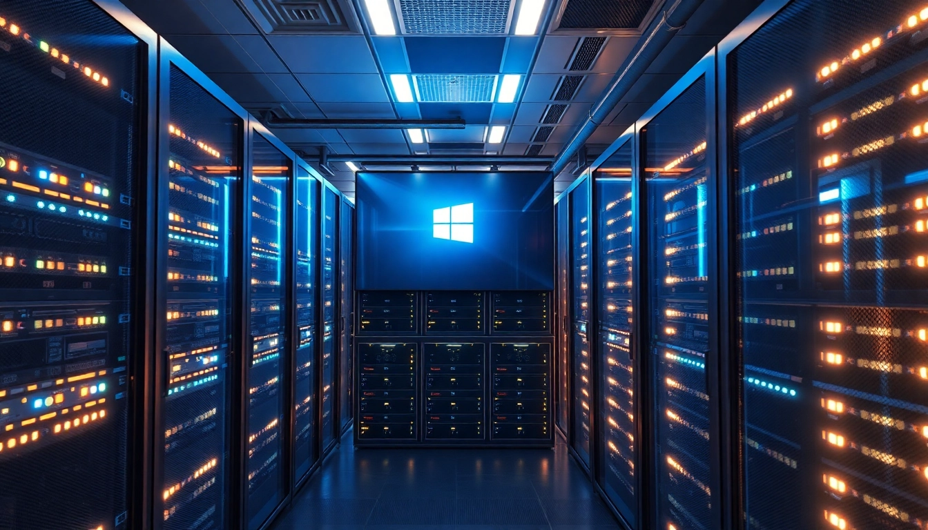 Verwenden Sie den Windows Server 2022 Standard Key in einem modernen Serverraum mit beeindruckenden Serverracks und Bildschirmen.