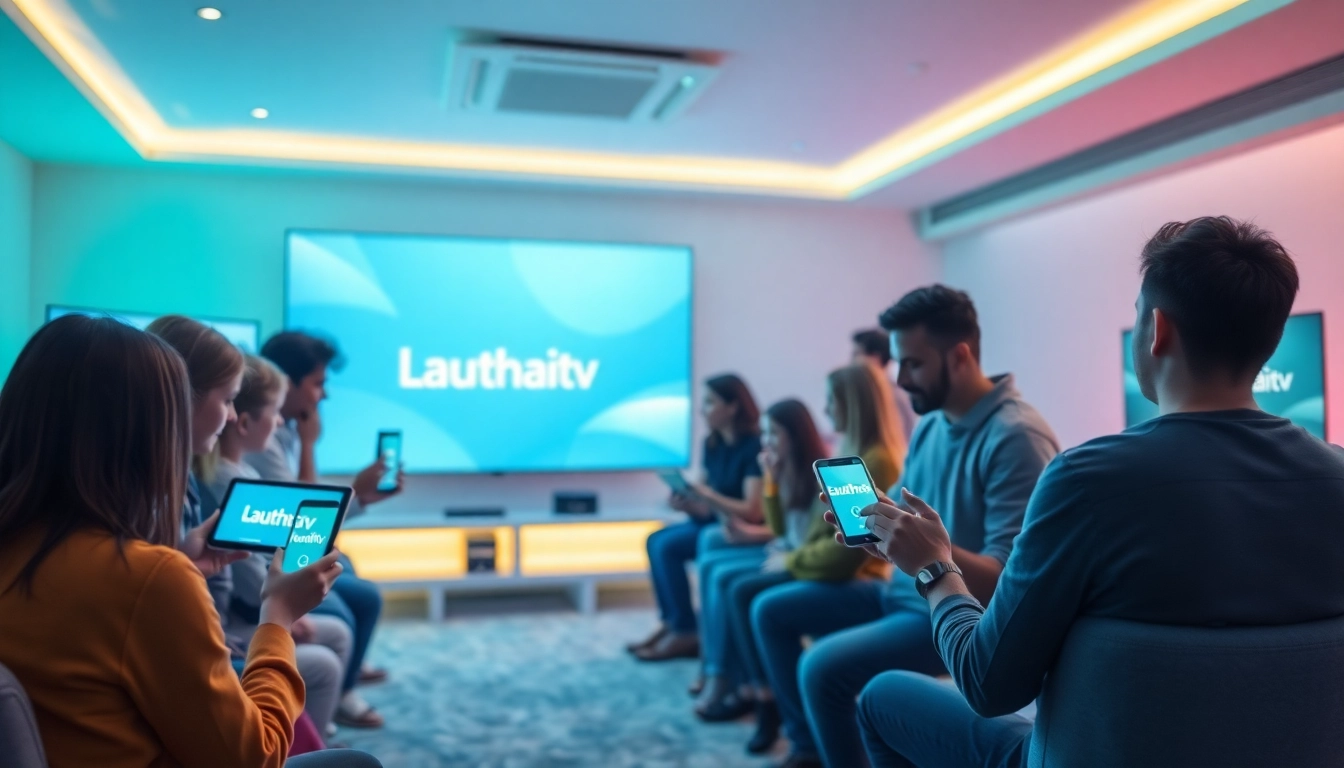Interactive scene of diverse users enjoying Lauthaitv on various devices, showcasing modern entertainment.