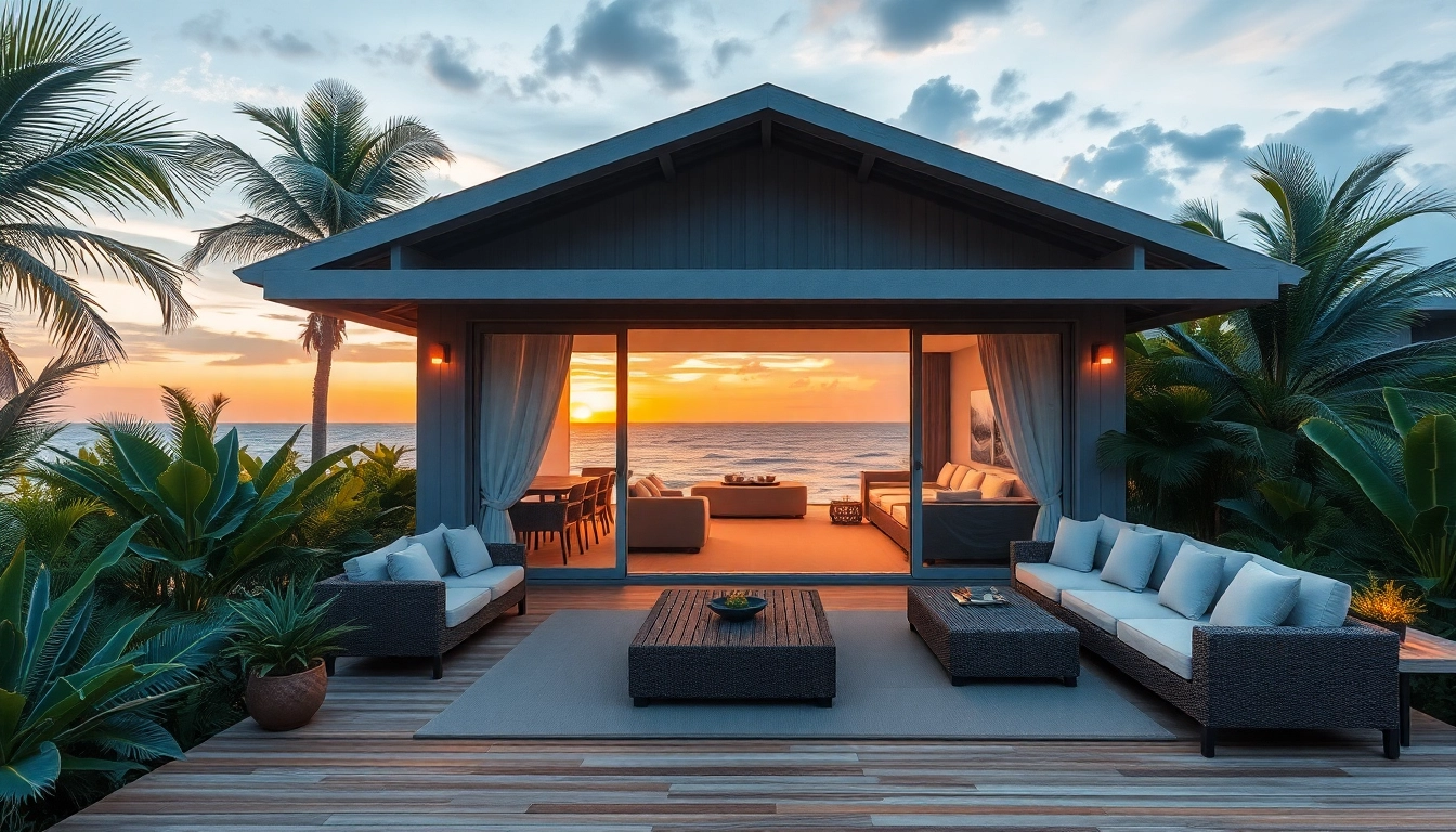 Entspanne in einem luxuriösen Küsten-Cabanas mit tropischer Umgebung und Sonnenuntergang.