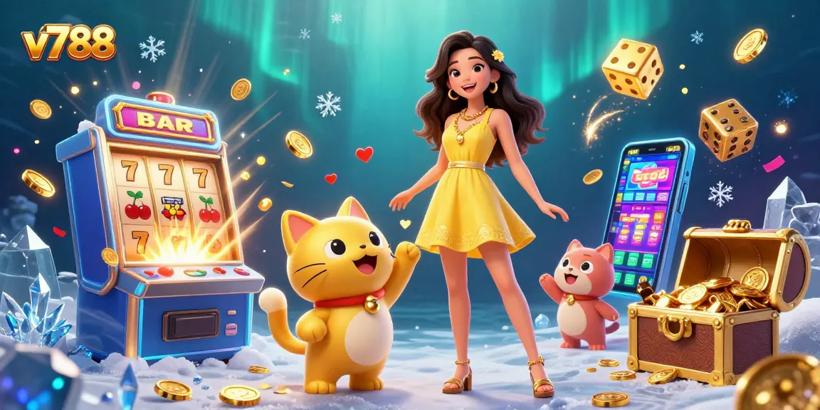 Experience exciting wins at v788 with vibrant illustration featuring a joyful player and lucky cat in action.