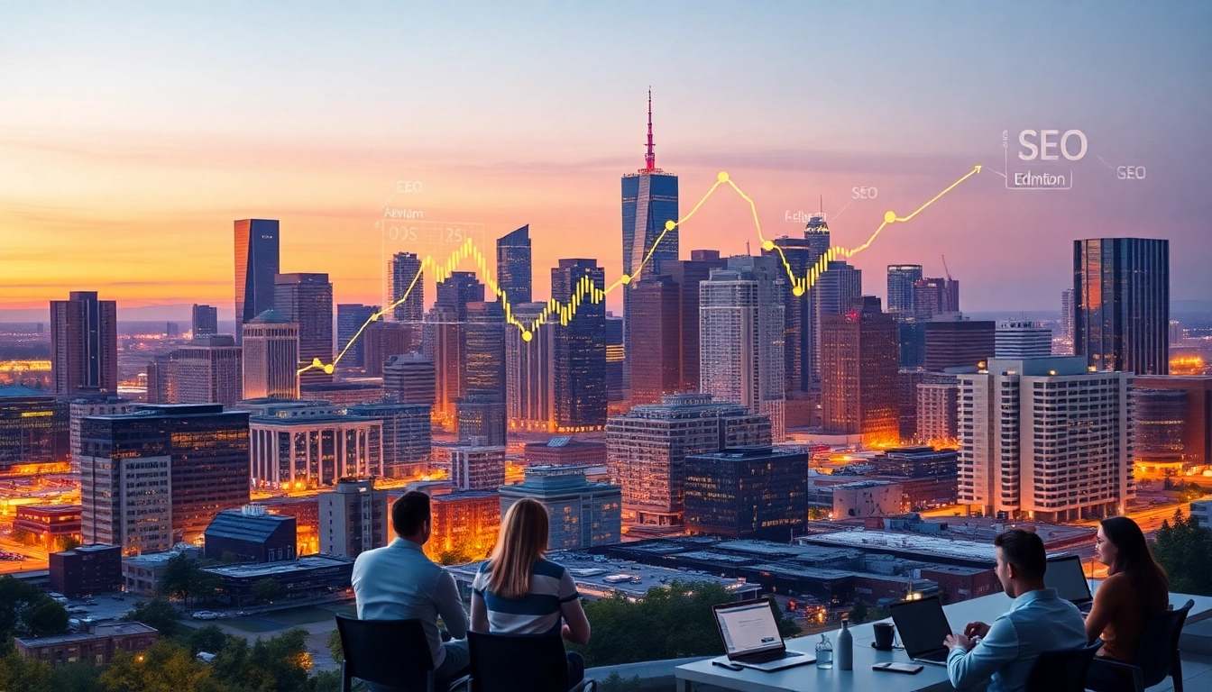 Showcase of the vibrant Edmonton skyline with professionals strategizing for effective edmonton seo.