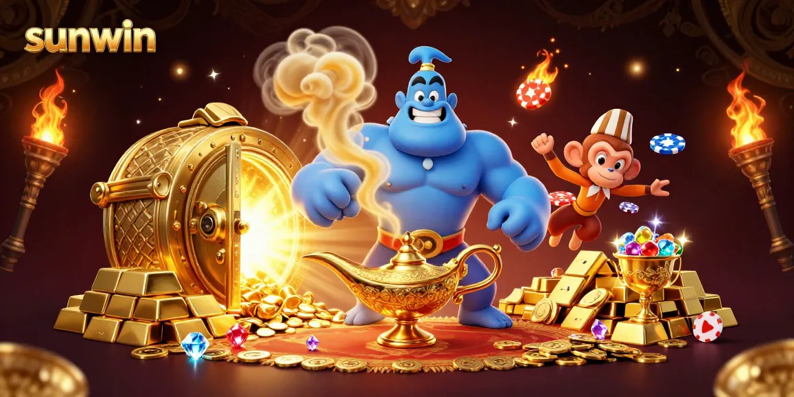Engage with sunwin through magic and treasures in this vibrant casino-themed illustration.