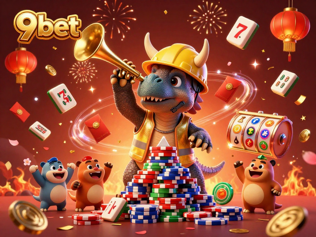 Experience the celebration at 9bet with a triceratops building a poker chip pyramid.