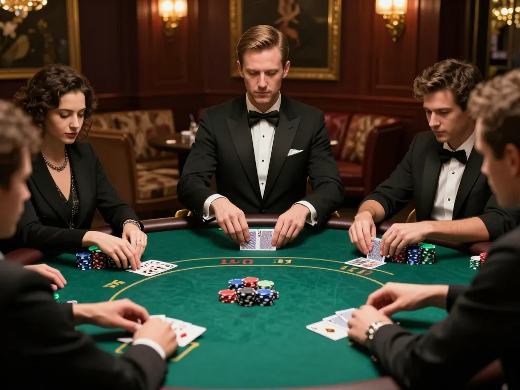 Hit club players strategizing during an intense poker game at an upscale casino table.