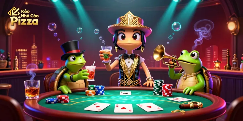 Kèo Nhà Cái Pizza showcases a lively speakeasy scene with colorful poker chips and a vibrant crane character.