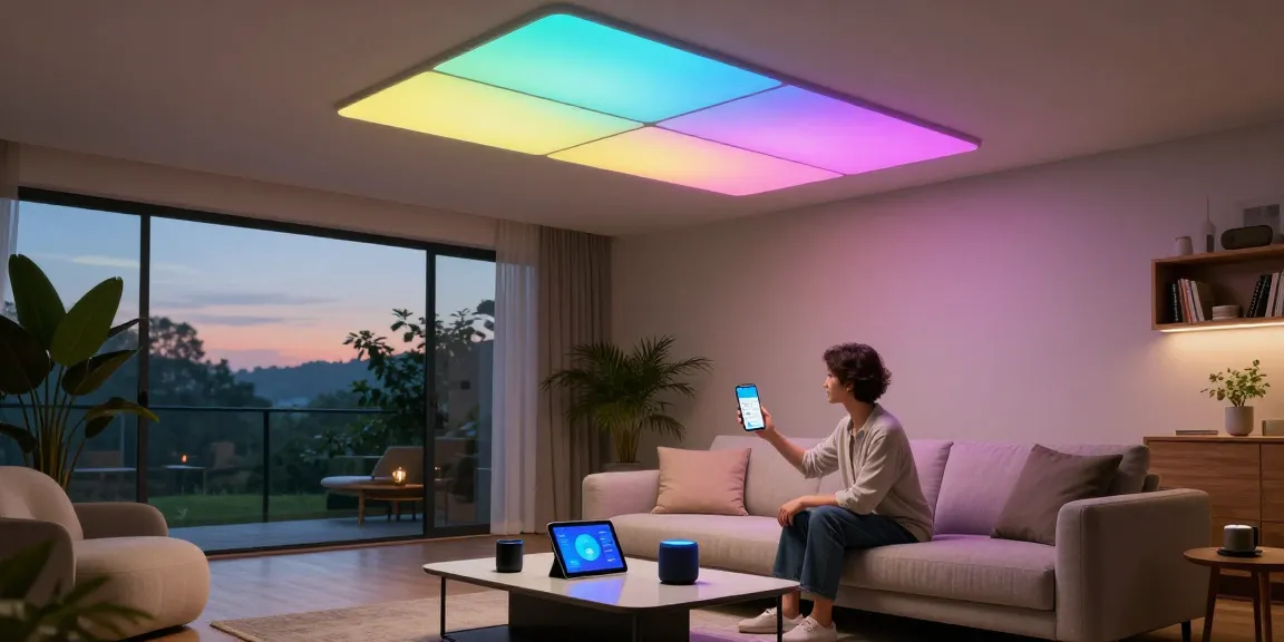 mein Nanoleaf Skylight Review showcasing vibrant smart lighting in a stylish living room with a person adjusting settings on a mobile app