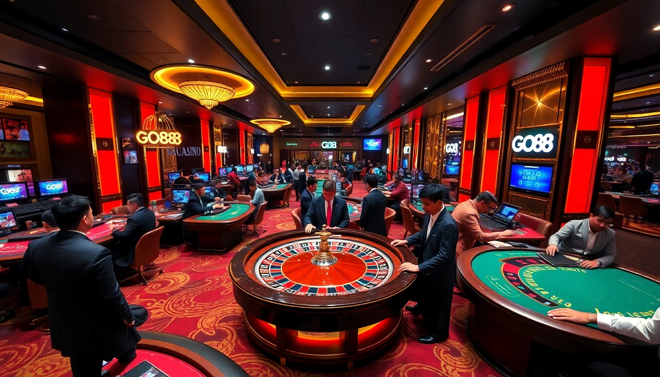Players enjoying the excitement of Go88 at a vibrant casino, with roulette tables and stacks of chips.