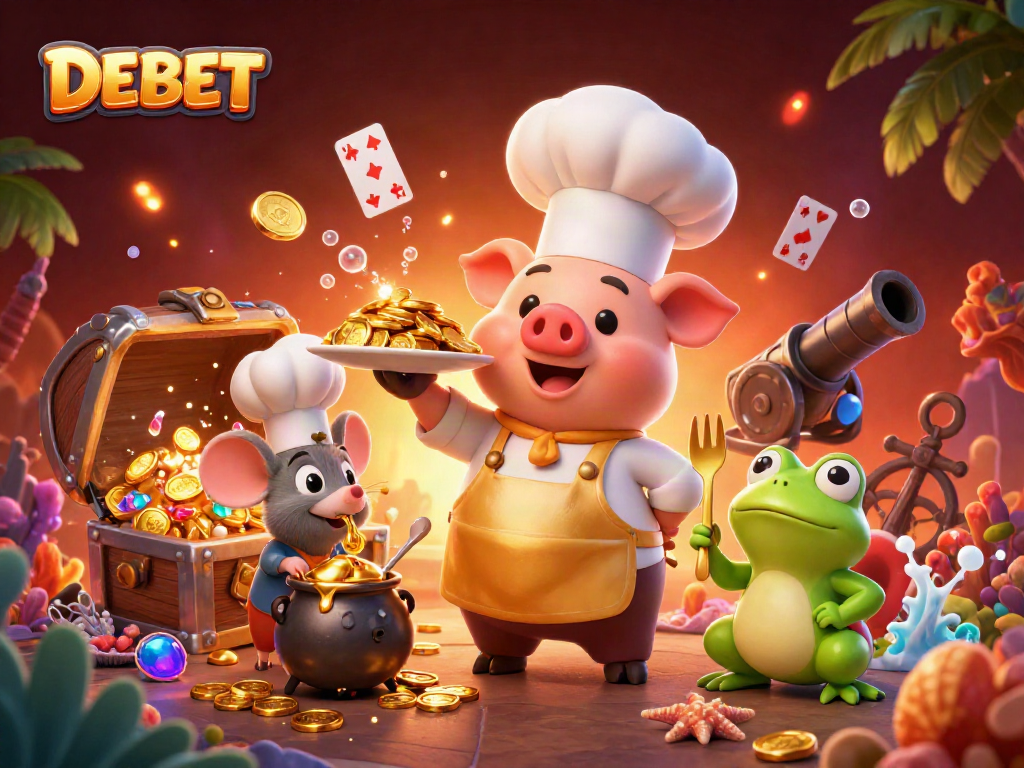 Experience winning moments at DEBET with a vibrant 3D scene of characters and treasures in an online casino.