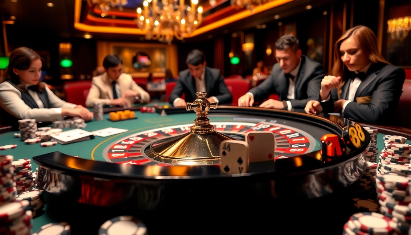 Experience the thrill of RR88 with high-stakes poker chips and an elegant roulette table in action.