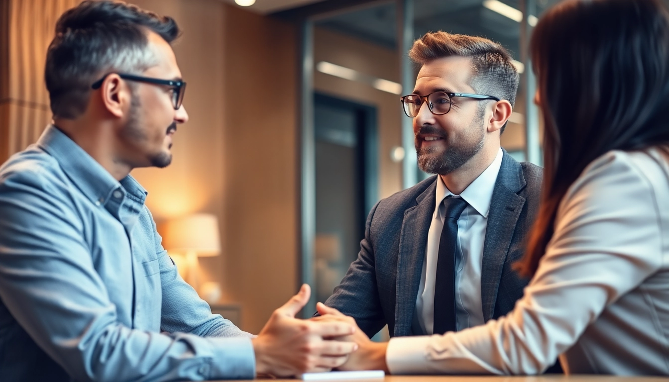Headhunter im Gespräch mit einem Kandidaten in einem modernen Büro, professionell und engagiert.