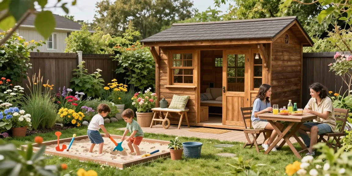 Hübsches Gartenhaus aus Holz umgeben von Blumen und einer entspannten Familie im Garten.