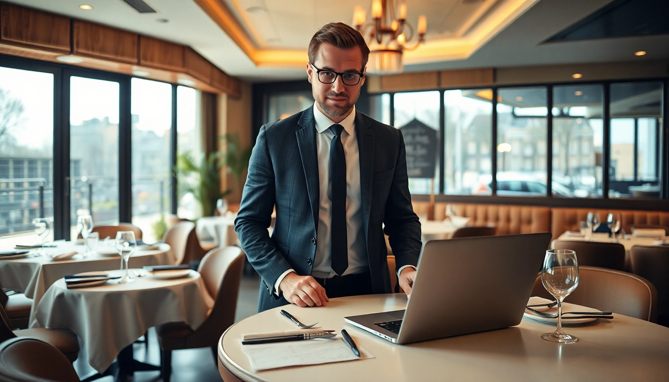 Headhunter Gastronomie bei der Arbeit in einem eleganten Restaurant, umgeben von hochwertiger Atmosphäre und Arbeitsutensilien.