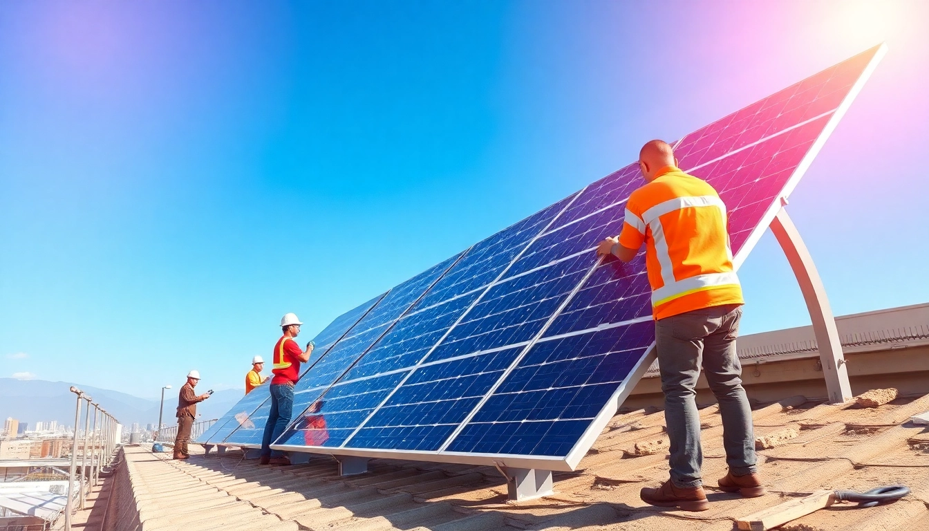 Photovoltaik Leads durch professionelle Techniker, die Solaranlagen installieren.