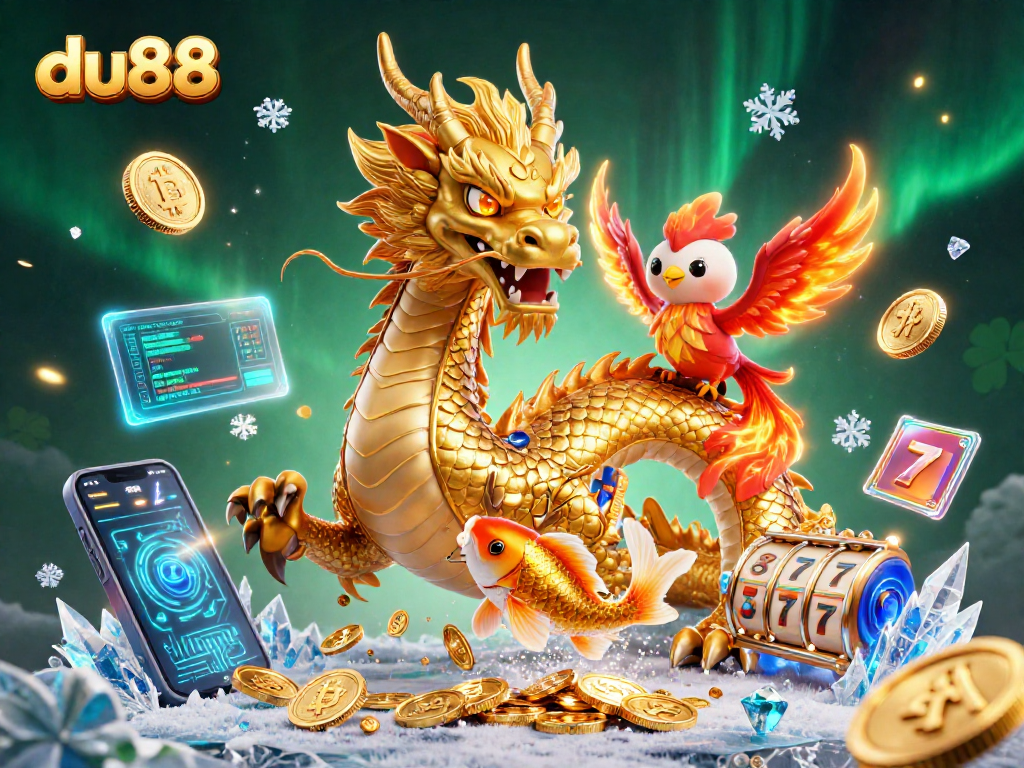 Experience thrilling wins with du88, featuring a dragon, phoenix, and koi fish in a vibrant casino scene.