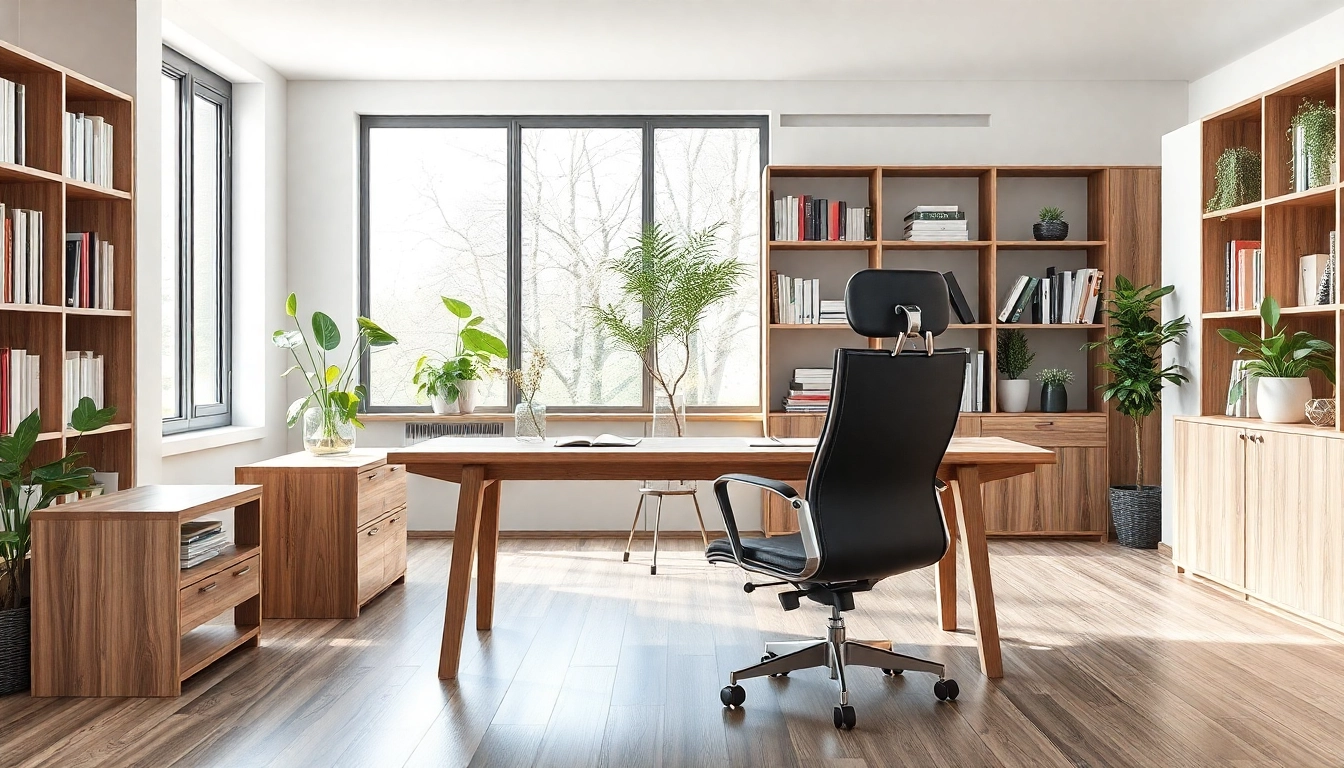 Moderne Büromöbel in einem stilvollen Büro mit hellem Holzschreibtisch und ergonomischem Stuhl.