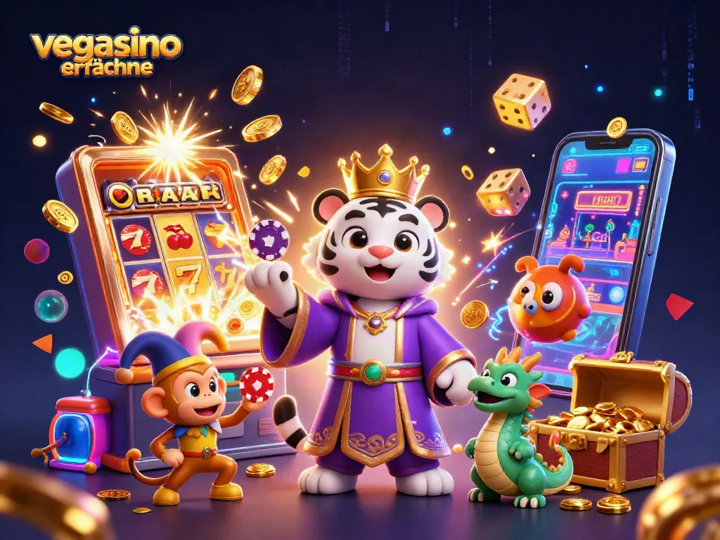 Experience Vegasino Erfahrungen with a vibrant 3D casino scene of a majestic tiger and playful monkey.