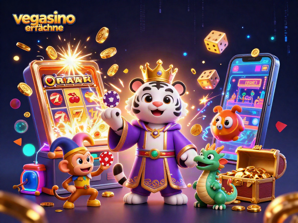 Experience Vegasino Erfahrungen with a vibrant 3D casino scene of a majestic tiger and playful monkey.