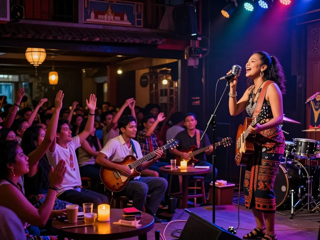 Sinn Sisamouth, der live in einem lebhaften Nachtclub in Phnom Penh auftritt und die kulturelle Vielfalt der Khmer-Musik präsentiert.