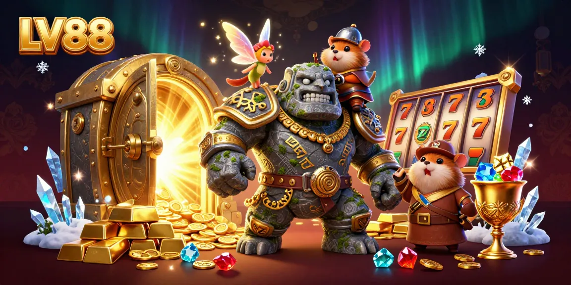 Spin to win at LV88, with a magical golem and friends surrounded by treasure!