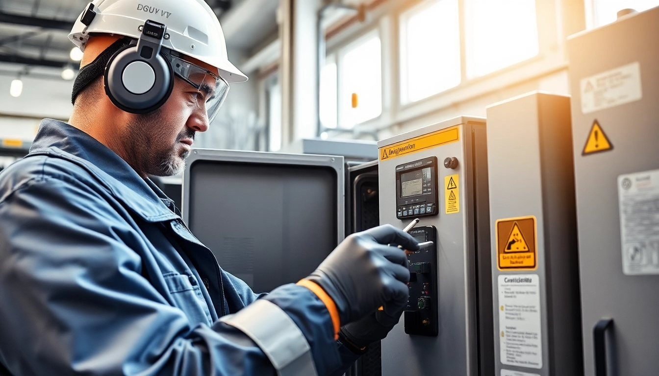 Qualifizierter Techniker führt DGUV V3 Prüfung in einer modernen Industrieanlage durch.
