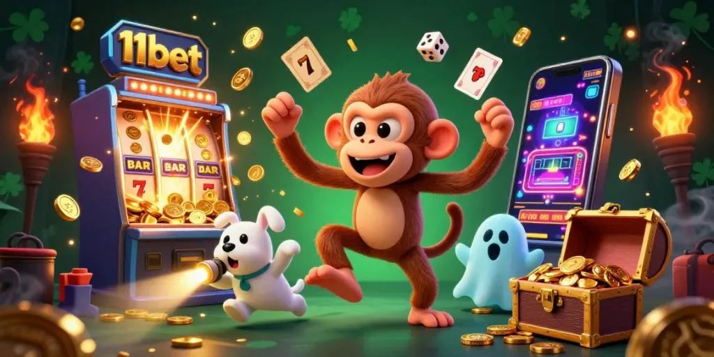 Experience thrilling wins at 11bet with a lively casino scene featuring a mischievous monkey and a curious puppy.