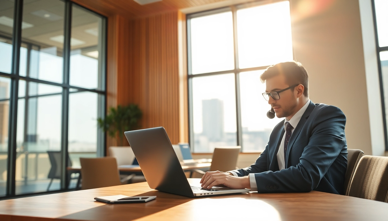 Headhunter arbeitet konzentriert in einem modernen Büro mit Laptop und telefoniert.